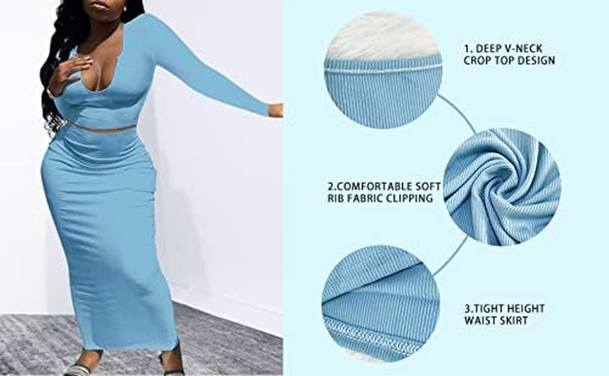 Women Sexy Two Piece Skirt Outfits Long Sleeve/Sleeveless V Neck Bodycon Ribbed Knitted Maxi Club Party Dress