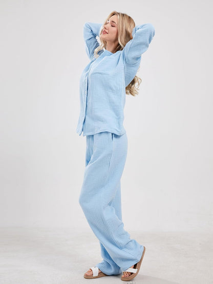 Womens Pajama Sets Cotton Pj Set Cute Heart Print Long Sleeve Button down Shirt with Long Pants