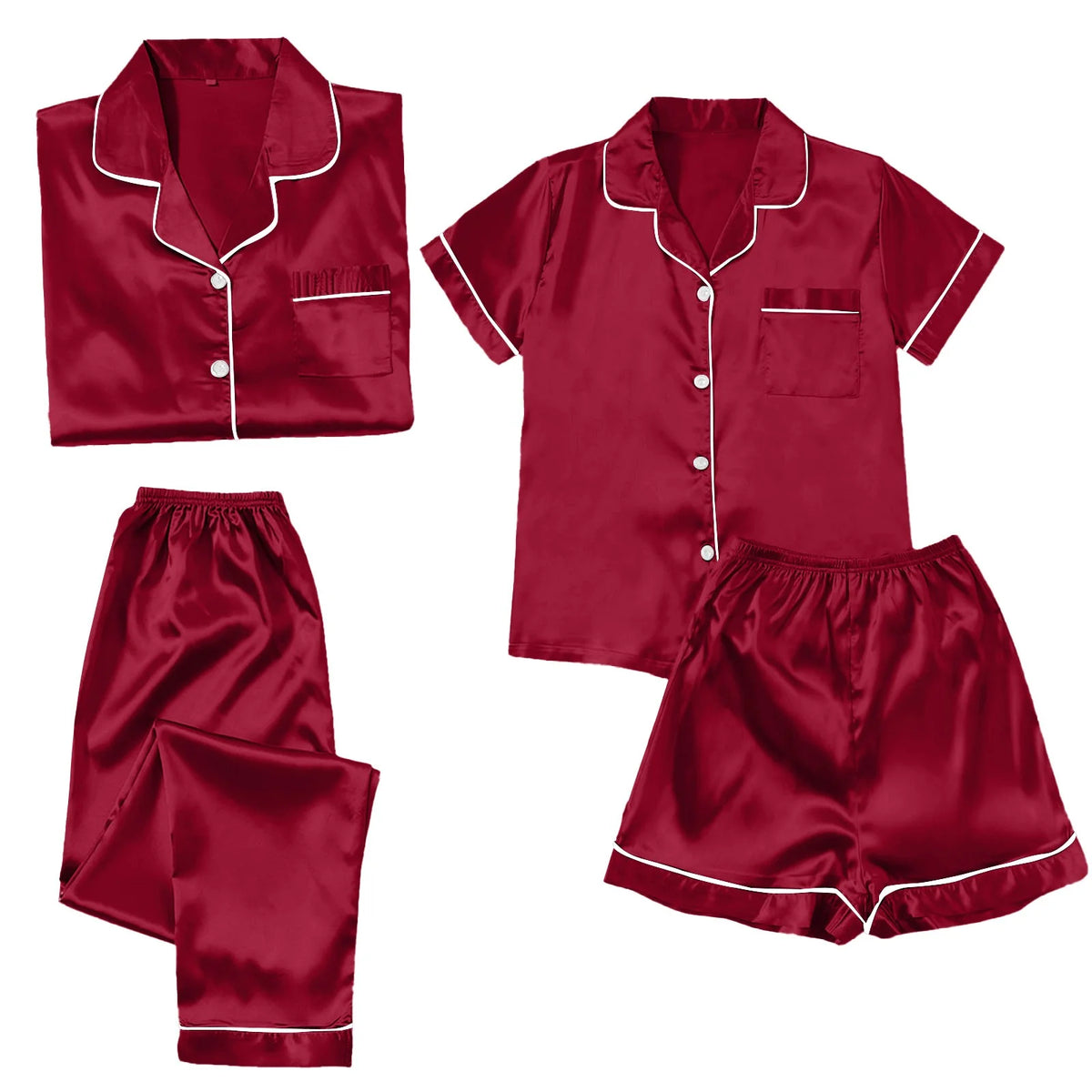 4 Piece Pajama Set for Women Satin Pajama Set for Women, Women'S Ice Silk Thin Imitation Silk Short Long Sleeve Home Clothes Four Piece, Cooling Pajamas Womens Pajama Shorts, Wine,4Xl
