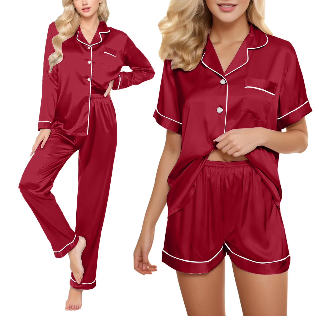 4 Piece Pajama Set for Women Satin Pajama Set for Women, Women'S Ice Silk Thin Imitation Silk Short Long Sleeve Home Clothes Four Piece, Cooling Pajamas Womens Pajama Shorts, Wine,4Xl