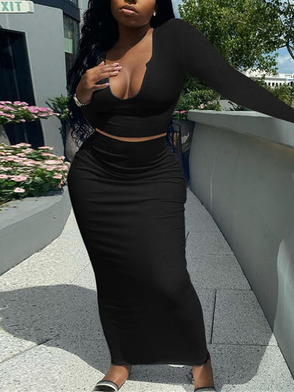 Women Sexy Two Piece Skirt Outfits Long Sleeve/Sleeveless V Neck Bodycon Ribbed Knitted Maxi Club Party Dress