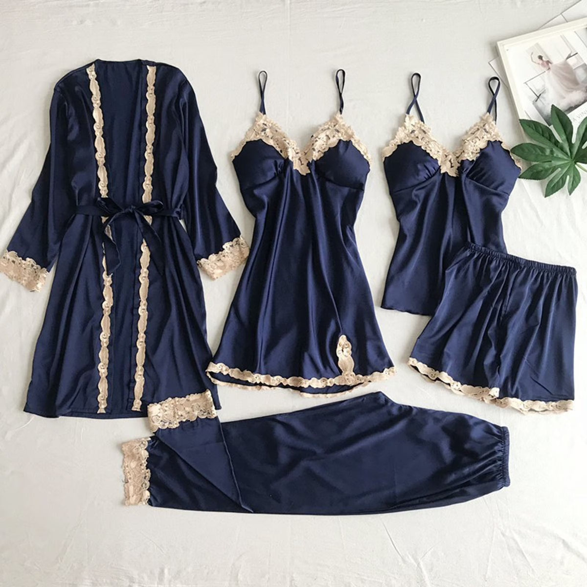 Comfy Pajamas for Women Set Christmas Day Gifts Silk Pajamas Robes Set 4Pcs Sexy Pjs Cami Shorts Satin Sleepwear Lace Loungewear Nightgown with Robe