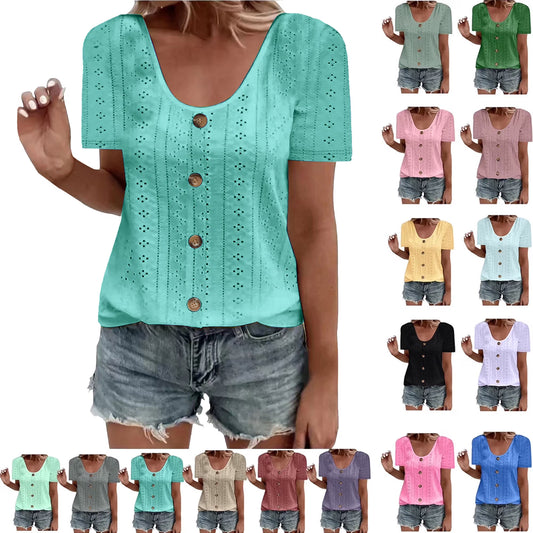 Women Tops Ndbuld Womens Fashion Summer Short Sleeve Round-Neck Solid Casaul Tops T-Shirt .00 Sky Blue L