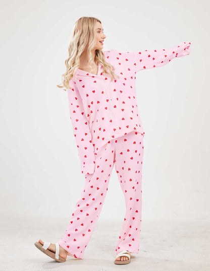Womens Pajama Sets Cotton Pj Set Cute Heart Print Long Sleeve Button down Shirt with Long Pants