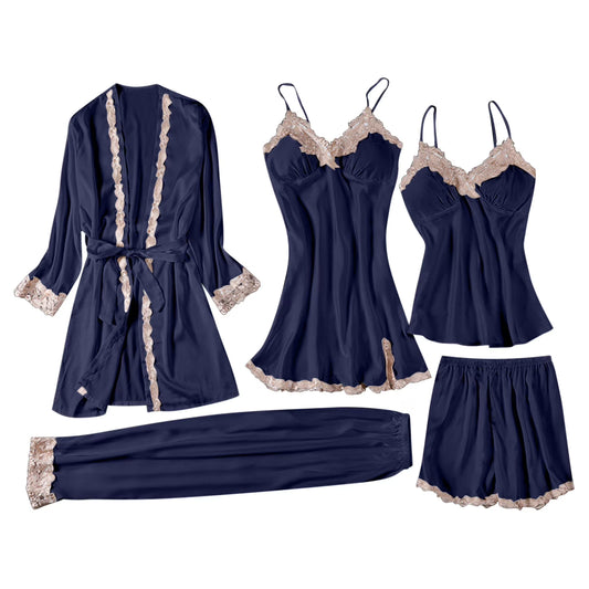 Comfy Pajamas for Women Set Christmas Day Gifts Silk Pajamas Robes Set 4Pcs Sexy Pjs Cami Shorts Satin Sleepwear Lace Loungewear Nightgown with Robe