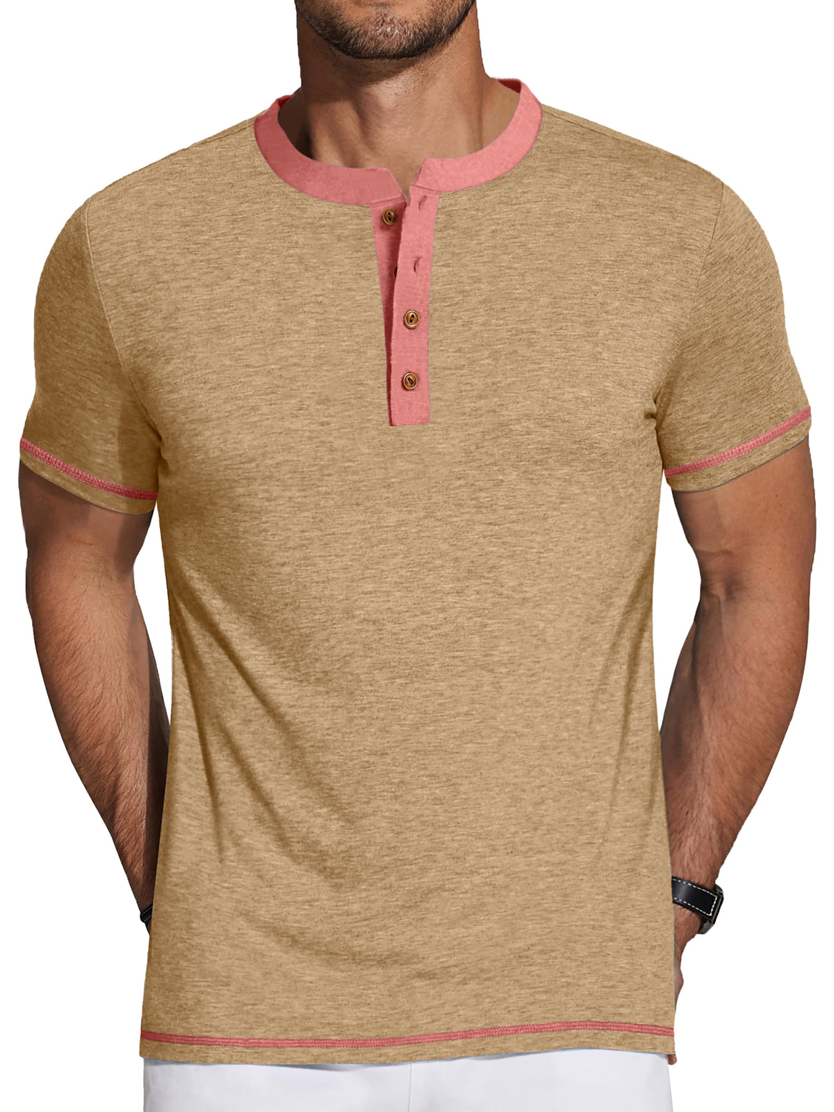 Henley Men Shirts Short Sleeve T Shirts for Men Crew Neck Color Block Men Shirts