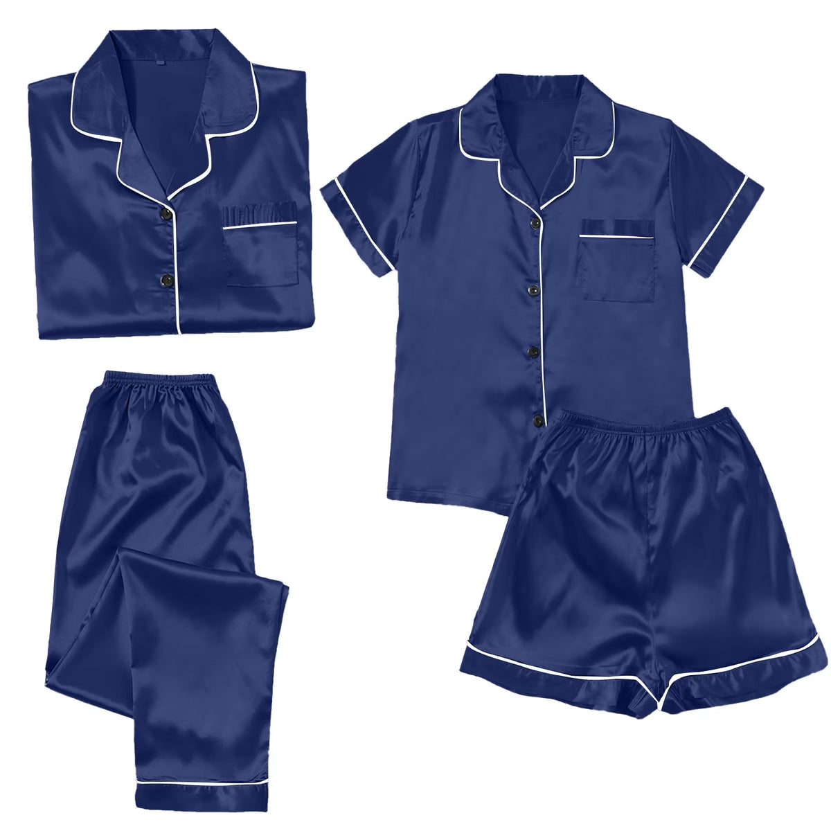 4 Piece Pajama Set for Women Satin Pajama Set for Women, Women'S Ice Silk Thin Imitation Silk Short Long Sleeve Home Clothes Four Piece, Cooling Pajamas Womens Pajama Shorts, Dark Blue,3Xl