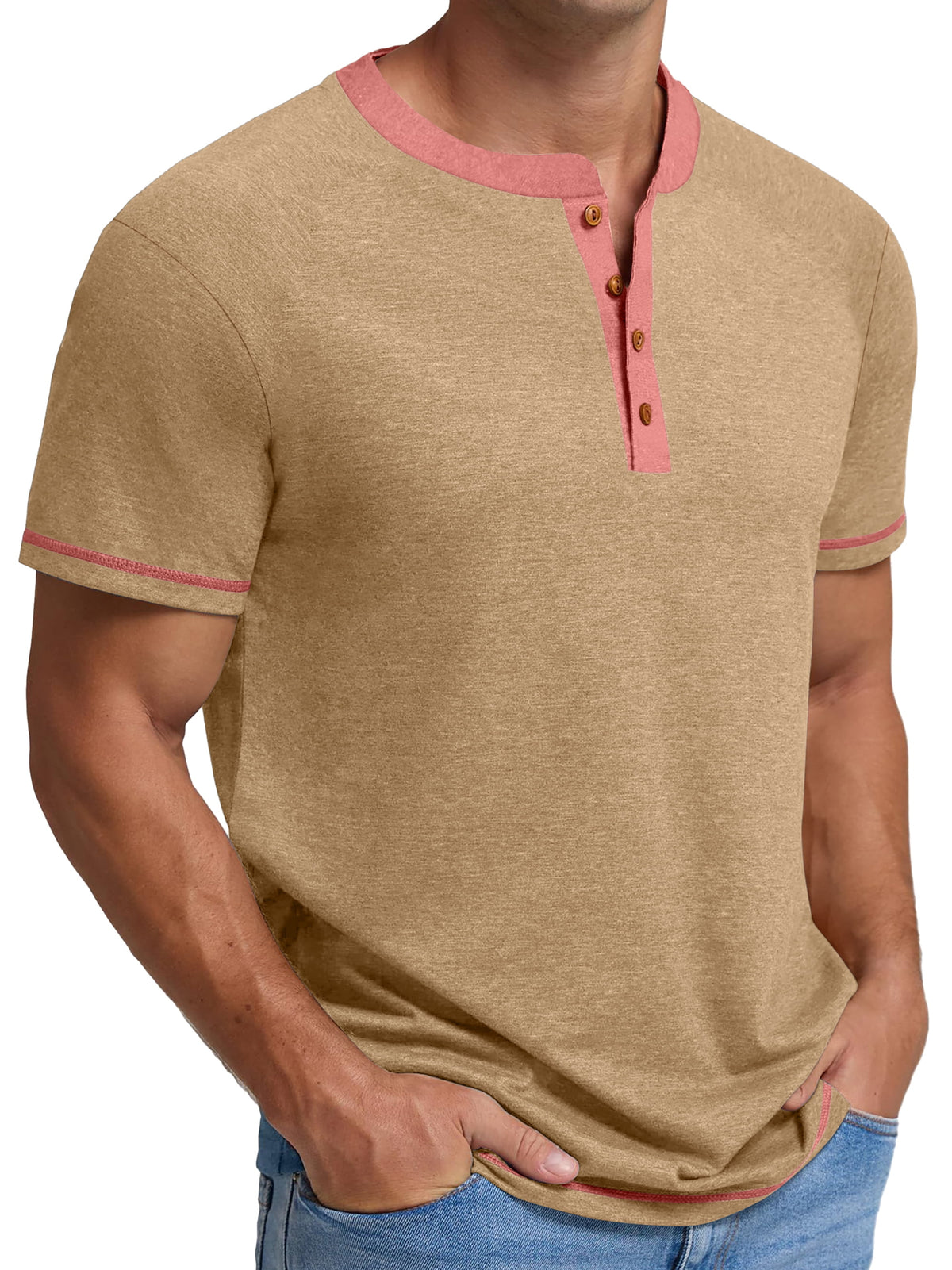 Henley Men Shirts Short Sleeve T Shirts for Men Crew Neck Color Block Men Shirts