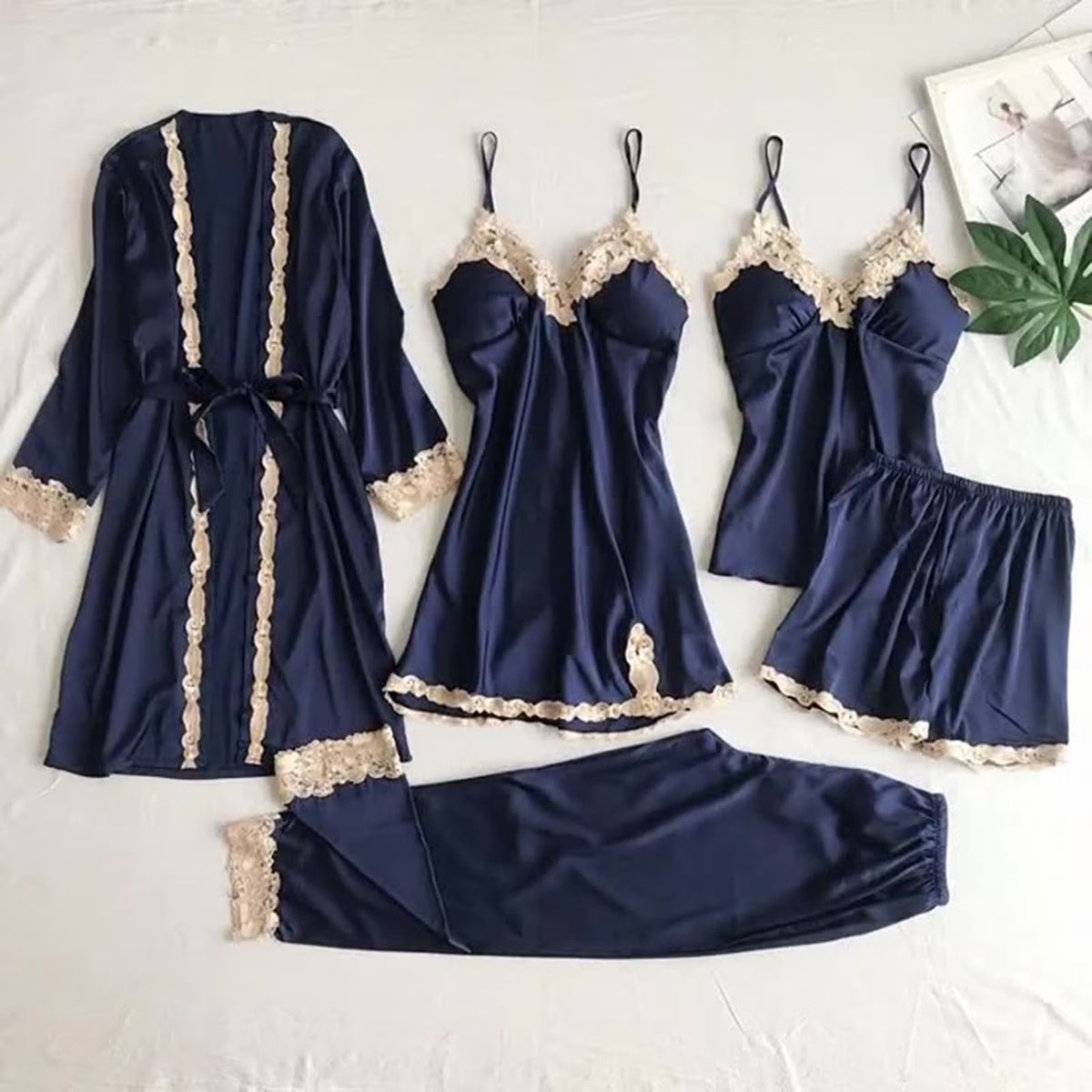 Comfy Pajamas for Women Set Christmas Day Gifts Silk Pajamas Robes Set 4Pcs Sexy Pjs Cami Shorts Satin Sleepwear Lace Loungewear Nightgown with Robe